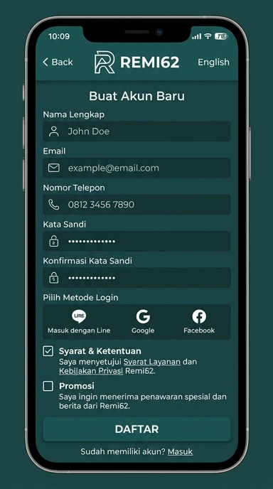 Tampilan halaman daftar remi62